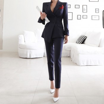 Striped Pant Suits Single Breasted Blazer Jacket and Slim Pencil Pant 2 Pieces Set Female Wear to Business Suits